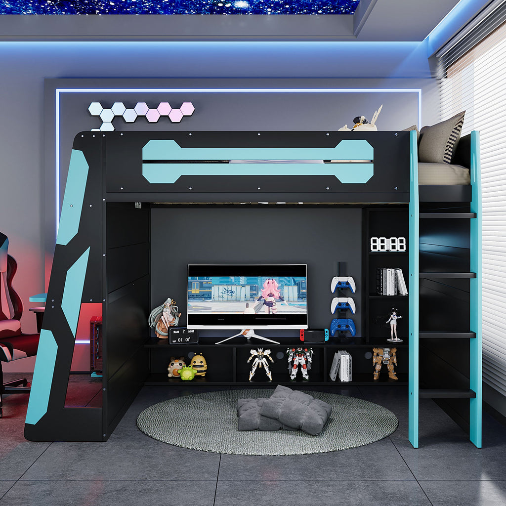 Full Size Wood Loft Bed with Desk, Multi-storage Shelves and RGB Light, Cloud