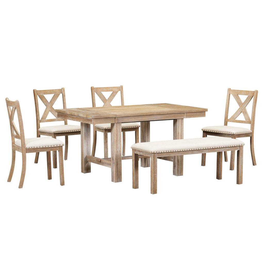 Farmhouse 82inch 6-Piece Extendable Dining Table with Footrest, 4 Upholstered