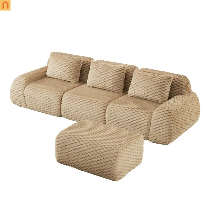 Sectional Sofa L-Shape Flannelette Light Camel 3 Seat with Ottoman