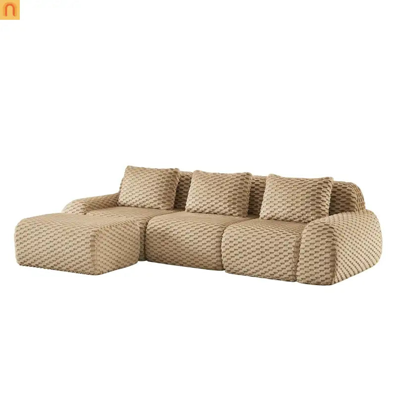 Sectional Sofa L-Shape Flannelette Light Camel 3 Seat with Ottoman