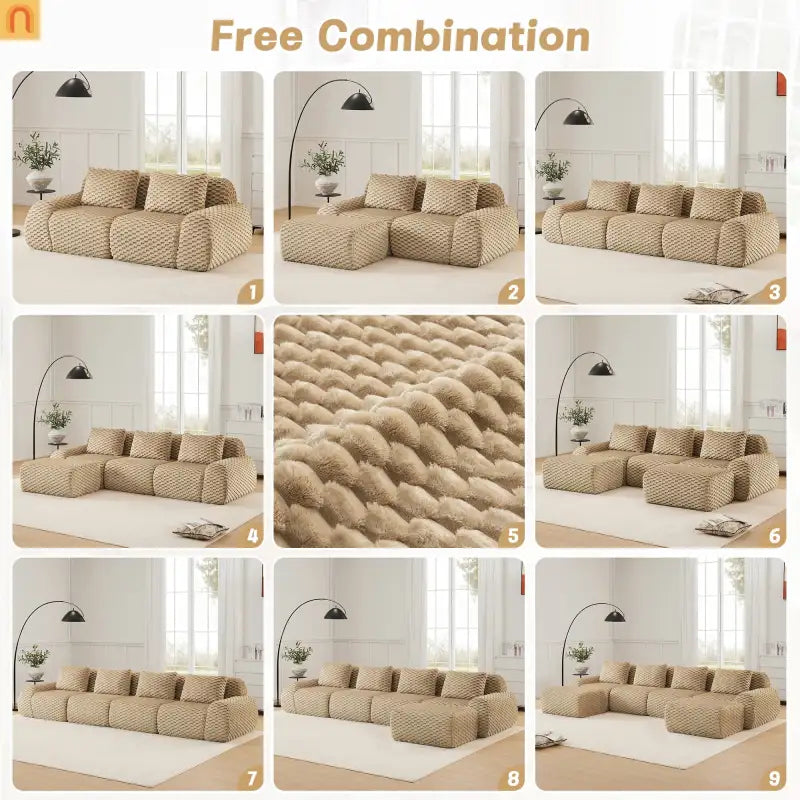 Sectional Sofa L-Shape Flannelette Light Camel 3 Seat with Ottoman
