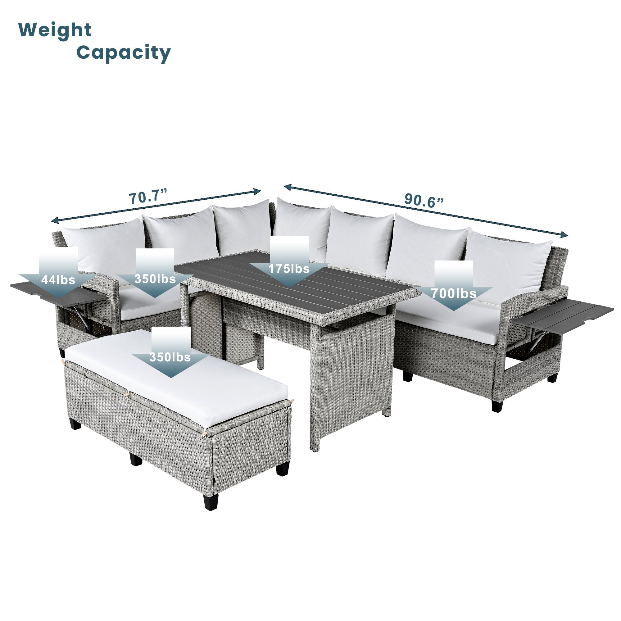 Outdoor Sectional Set PE Rattan Steel White 5 Piece Seats 7 Extendable