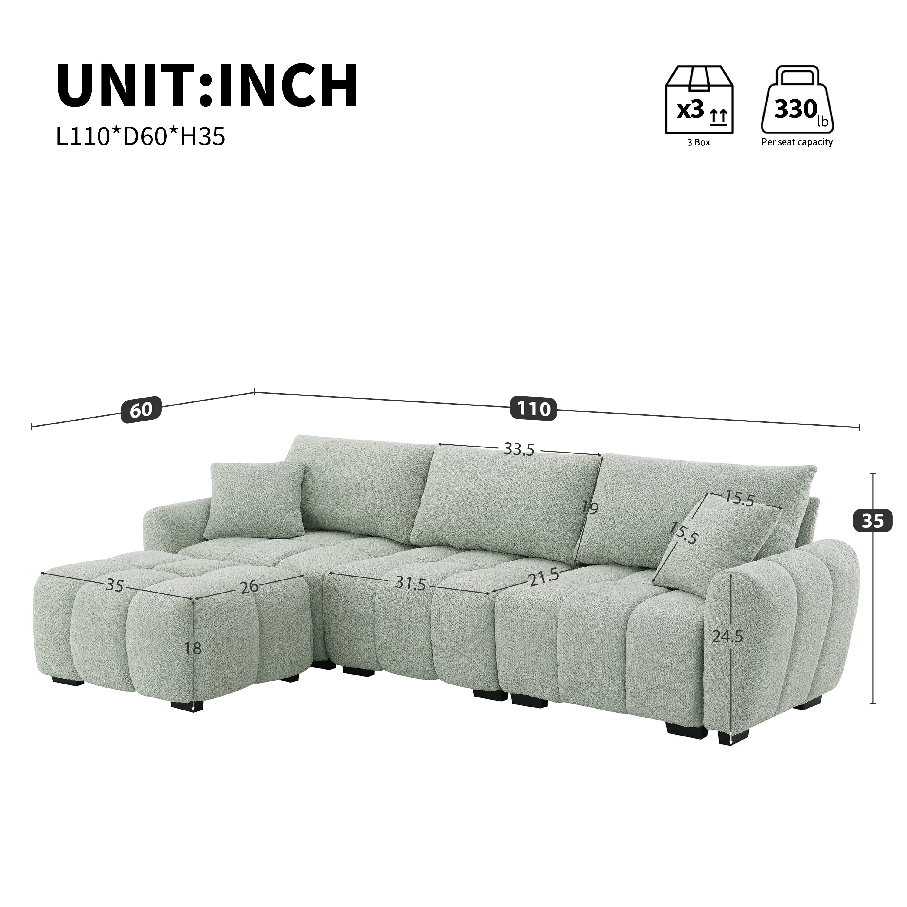 Sectional Sofa L-Shape Boucle Light Green 4 Seat Ottoman 110 In