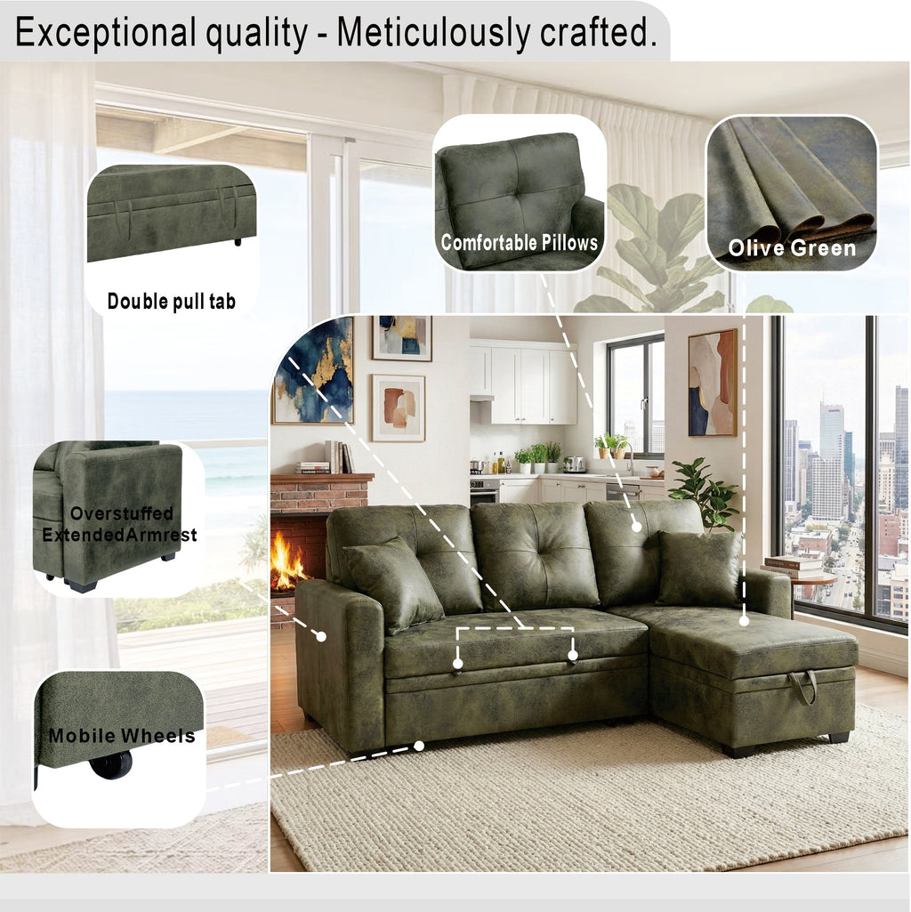Sectional Sofa L-Shape Olive Green Sleeper 71