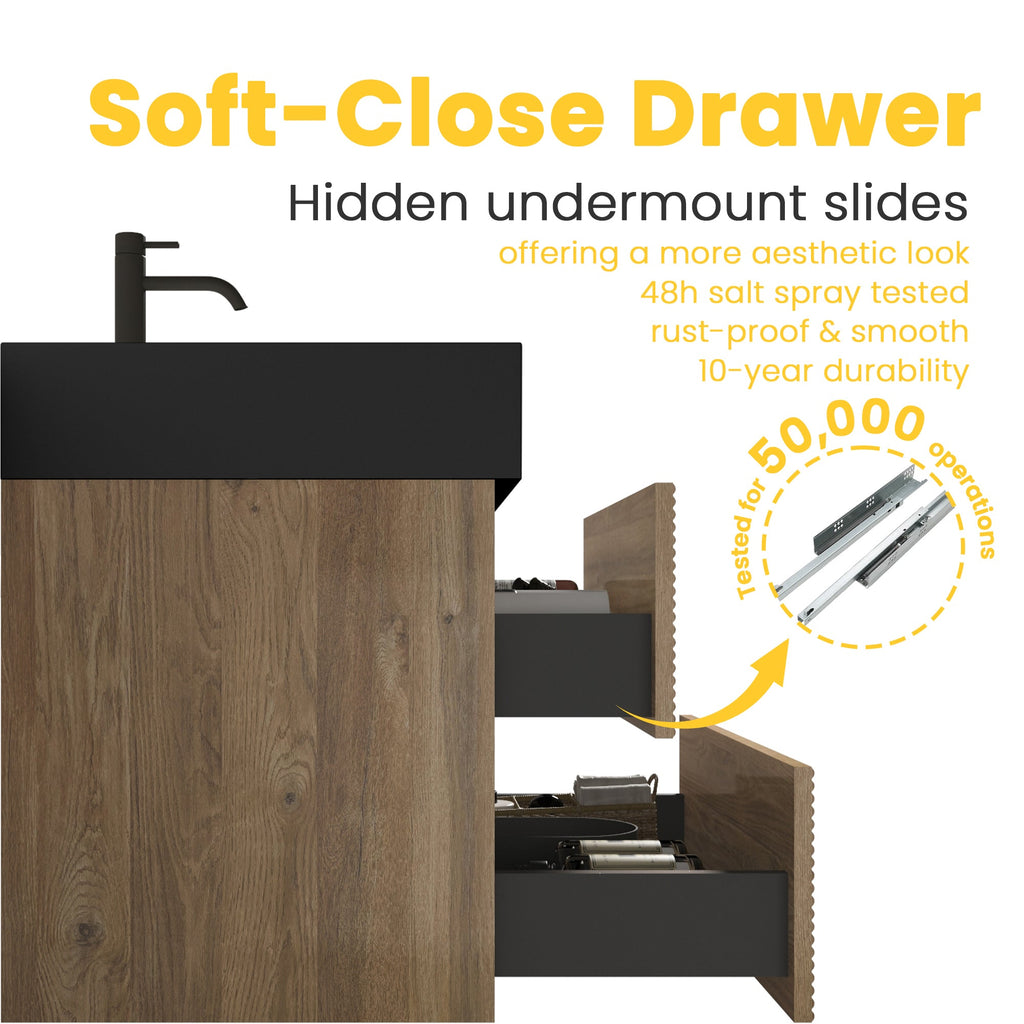 24' Floating Bathroom Vanity with Matte Black Quartz Sink and Oak Drawers