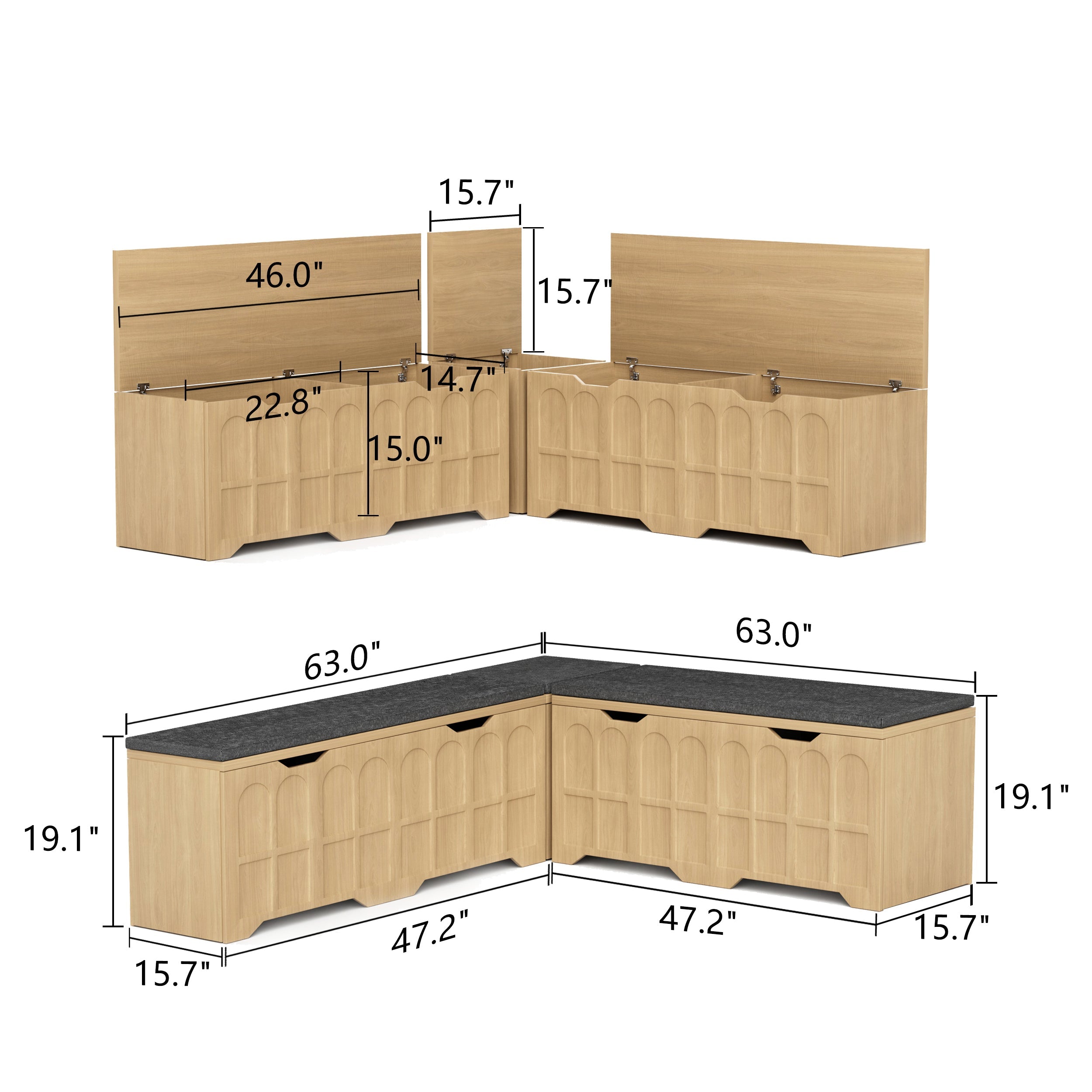 Storage Bench L-Shape 3 Piece MDF Natural Padded Seat 63x63x19 In 360 LB