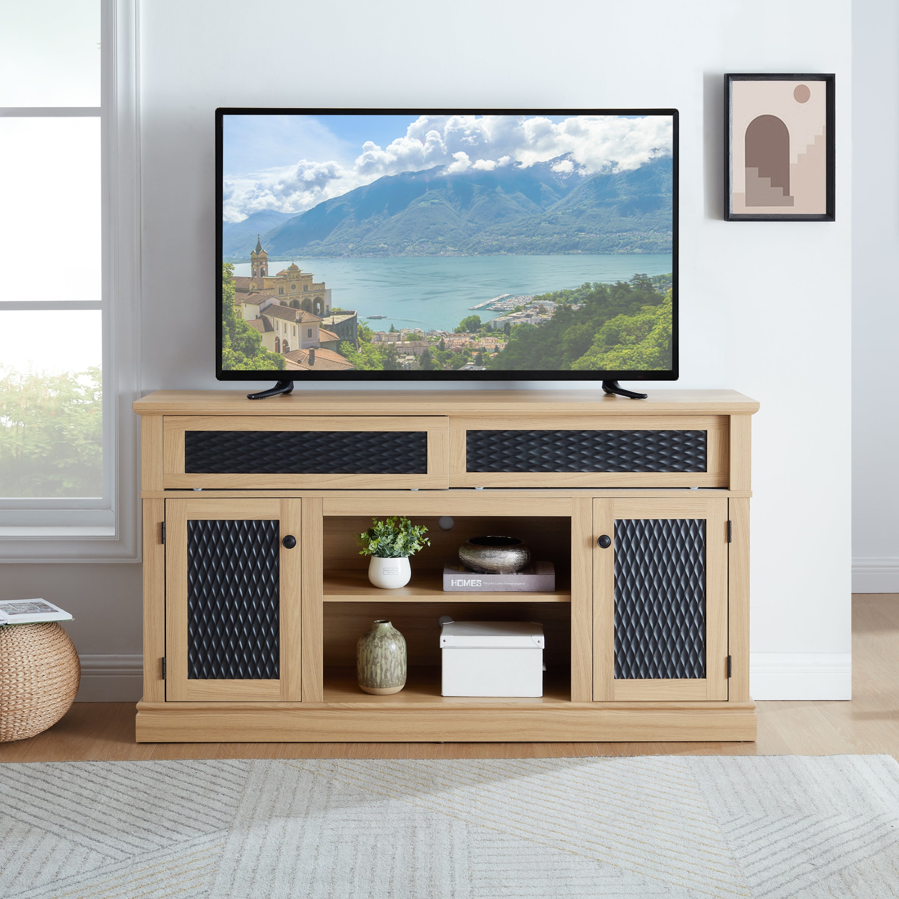 TV Stand Fireplace Light Oak MDF Embossed Doors 1400W Fits 65 In TV 58.27 In