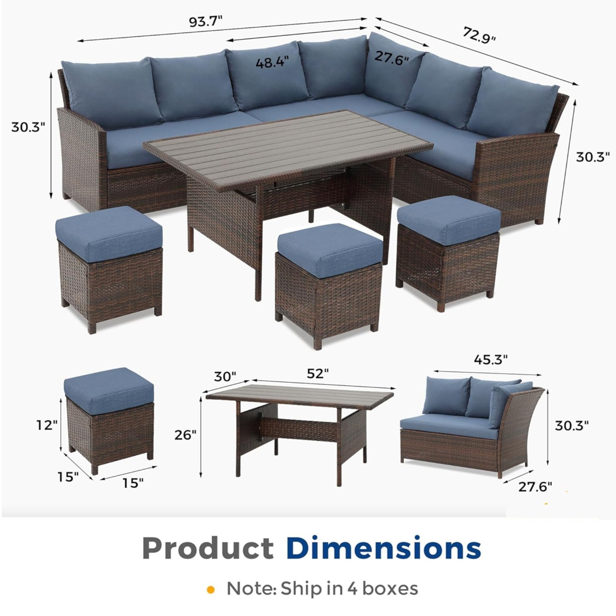 Outdoor Dining Set PE Rattan Brown Blue 7 Piece Seats 8