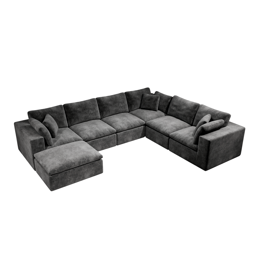 Sectional Sofa L-Shape Corner Corduroy Gray 7 Seat Chaise No Assembly