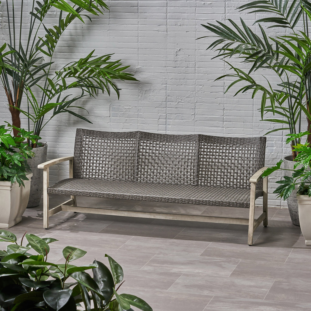 Outdoor Sofa Acacia Wood Wicker 3 Seater Gray 75.5in