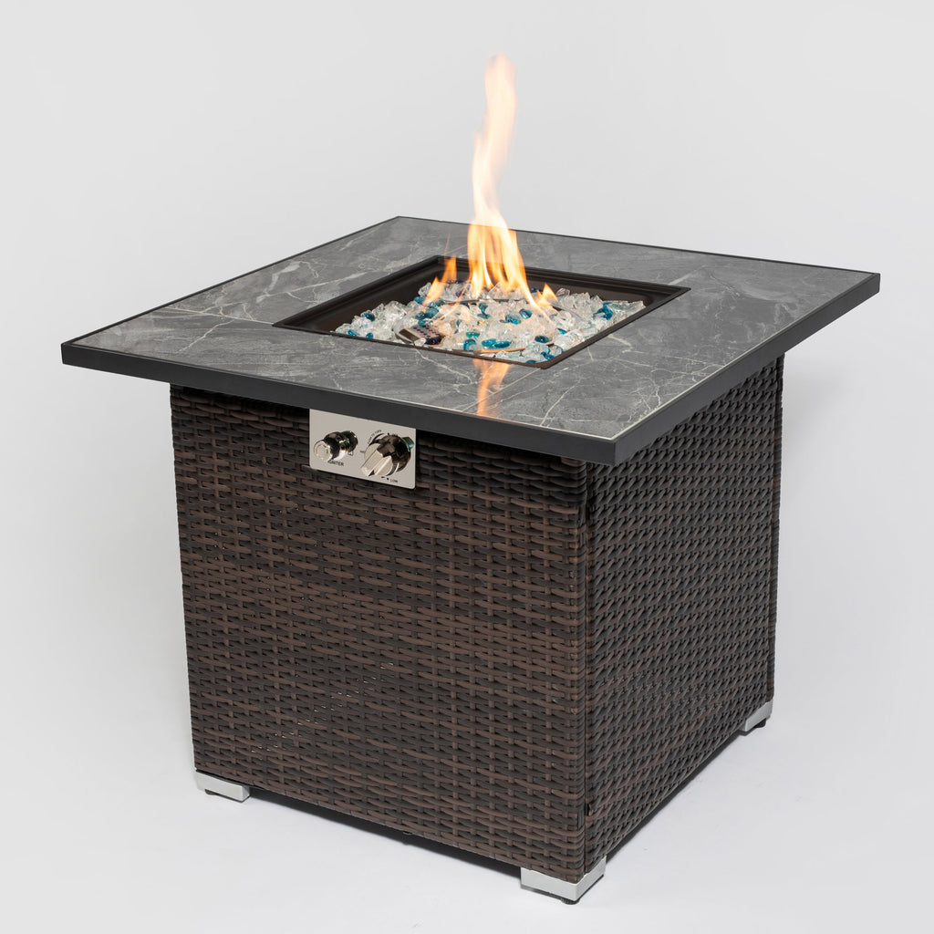 Espresso Square 30 Inch Propane Gas Fire Pit Table Tile Top Wicker Base