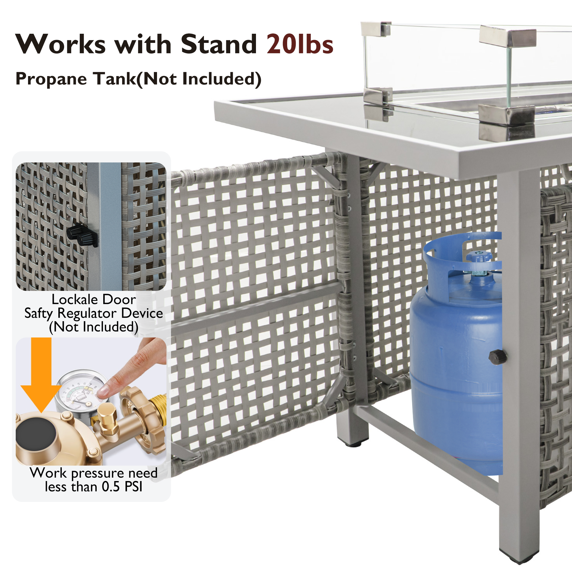 43 in Propane Gas Fire Pit Table 60,000 BTU Rectangular Open Weave Wicker, Grey