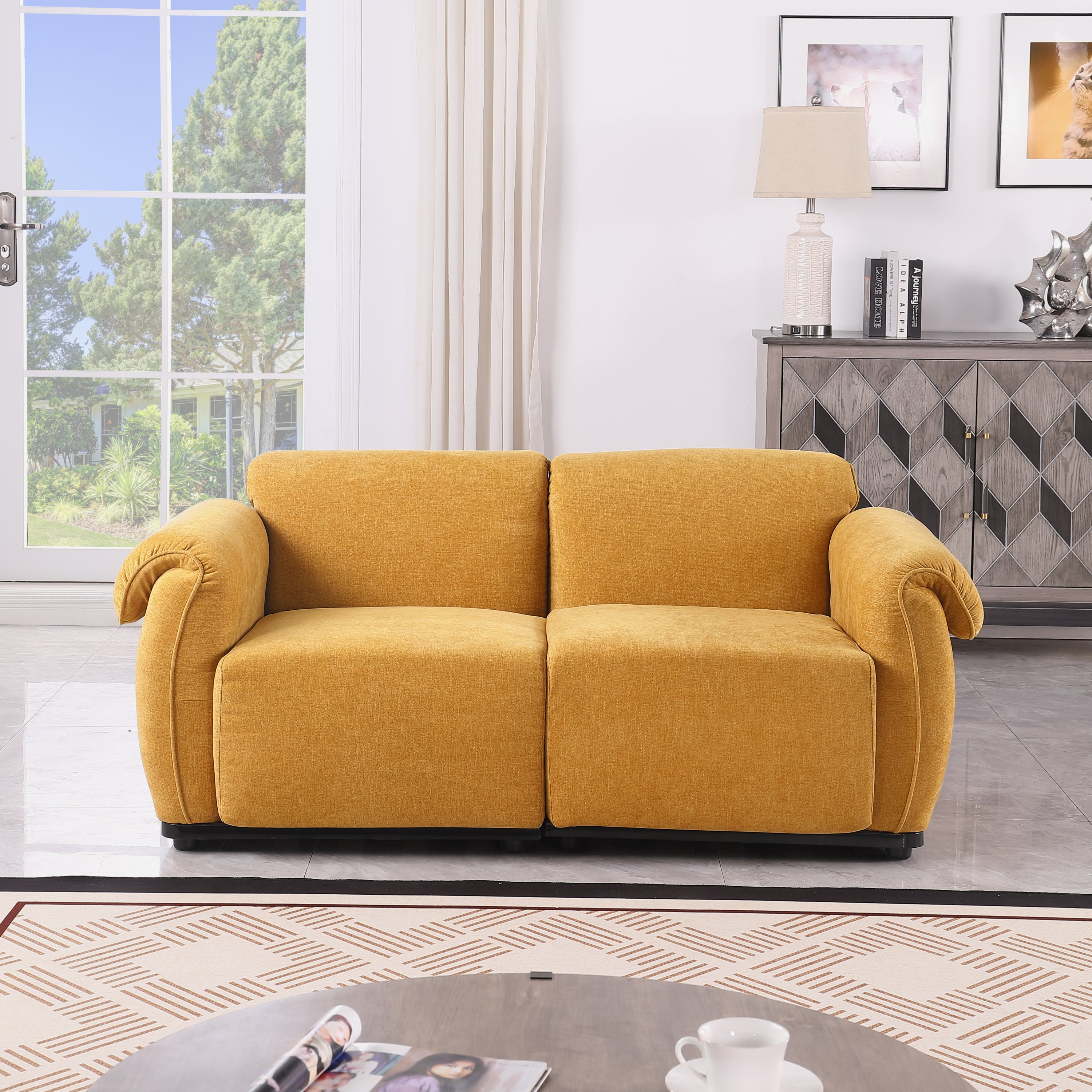 Loveseat Modular Chenille Yellow Iron Frame 2 Seat 68.5 In