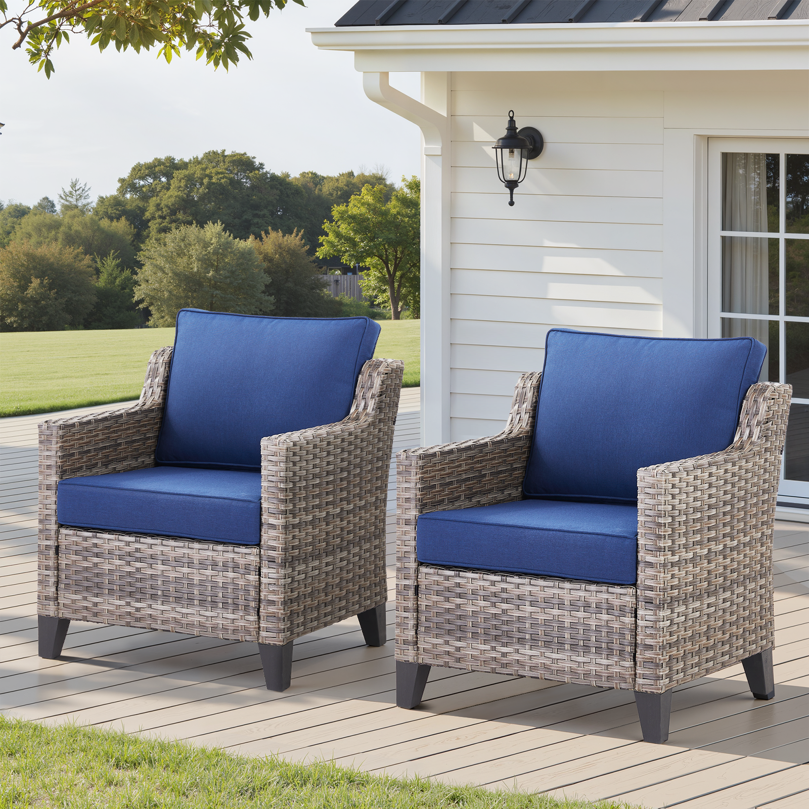 Outdoor Lounge Chair Set Wicker Blue Sloped Armrest 4 in Cushion 2 Piece