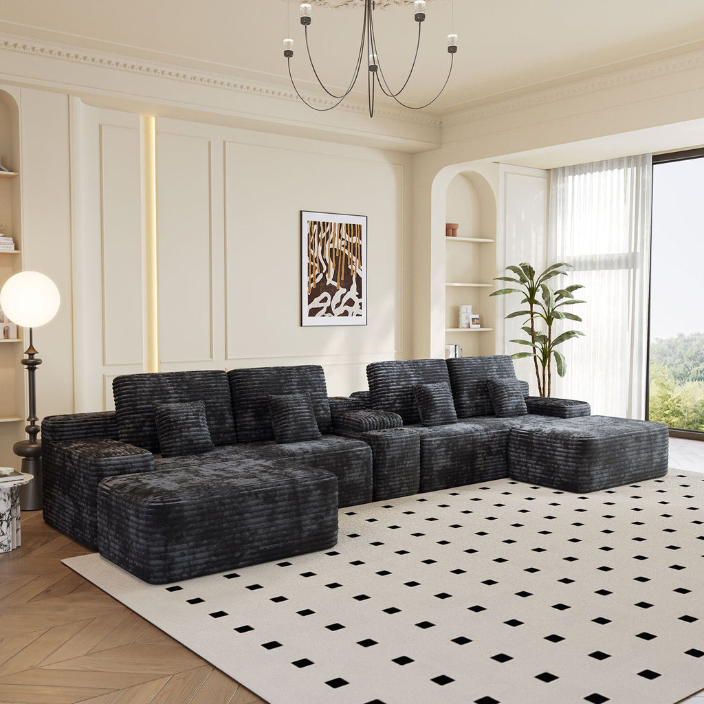 Sectional Sofa U-Shape Corduroy Black 6 Seat USB Bluetooth 150 In