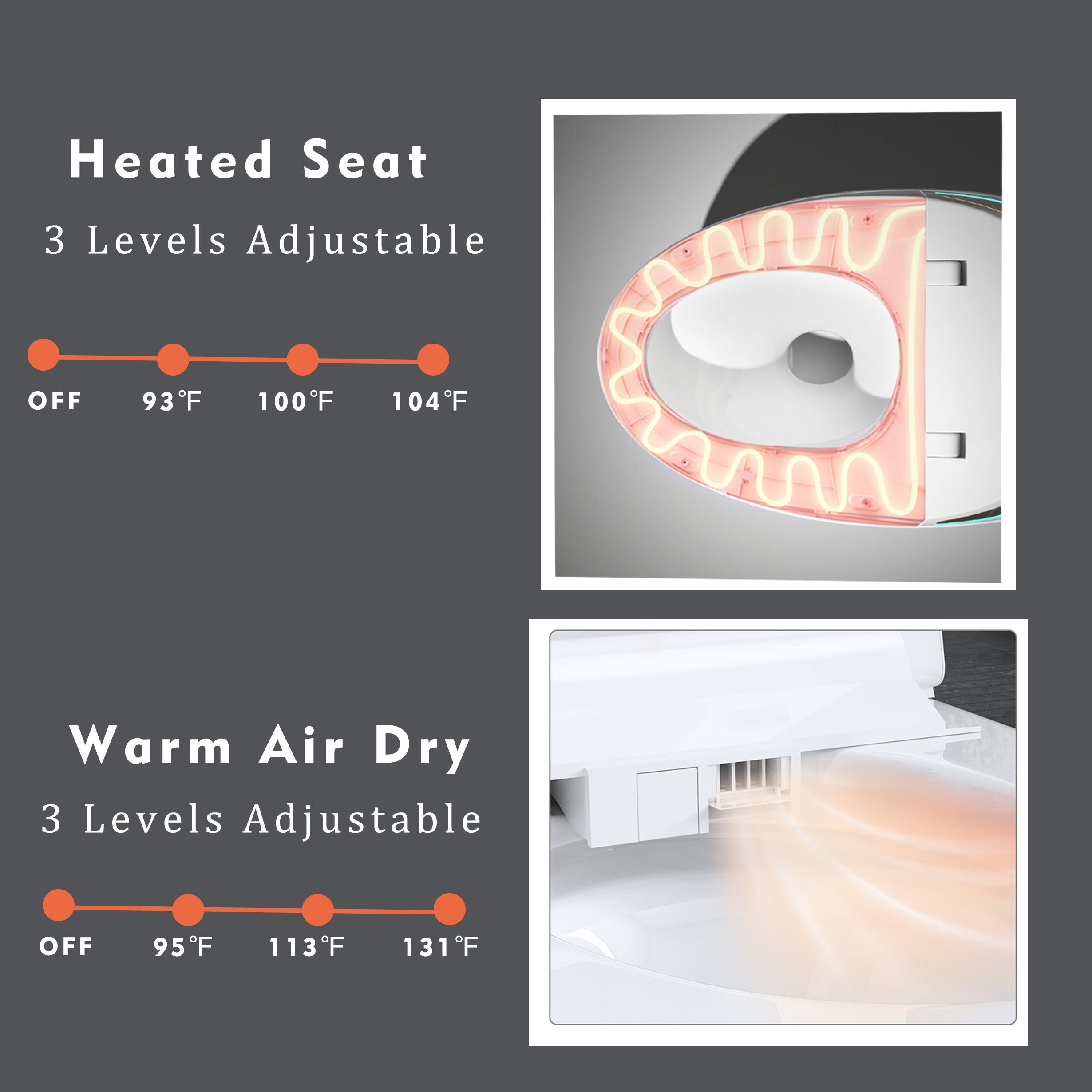 Smart Toilet One-Piece Gray Bidet Auto Lid Heated Seat Night Light 1.28 GPF
