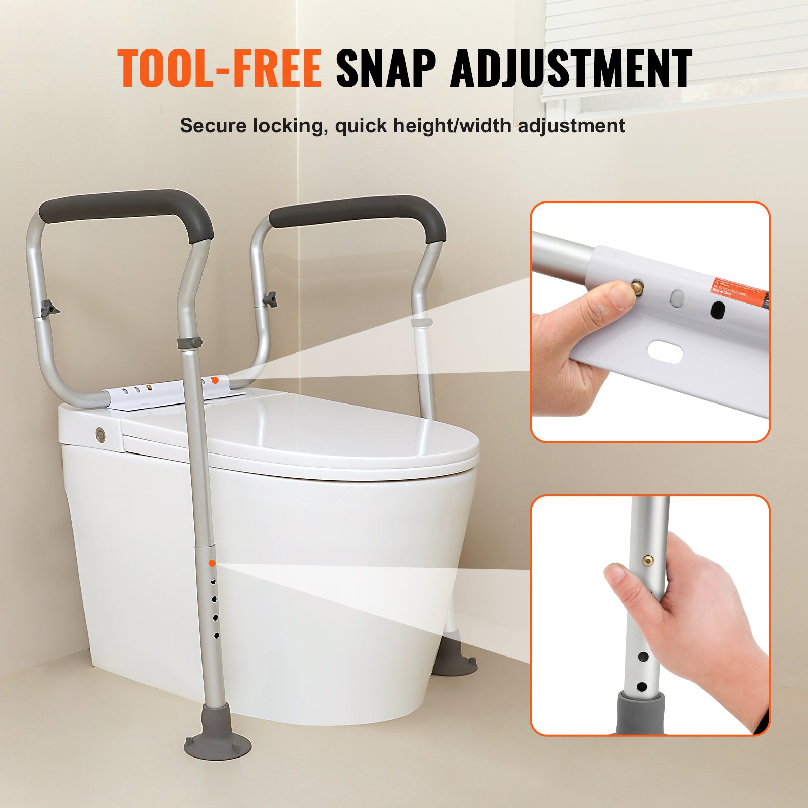 Toilet Safety Rail Frame Aluminum 300 LB Adjustable Width Height Padded Arms
