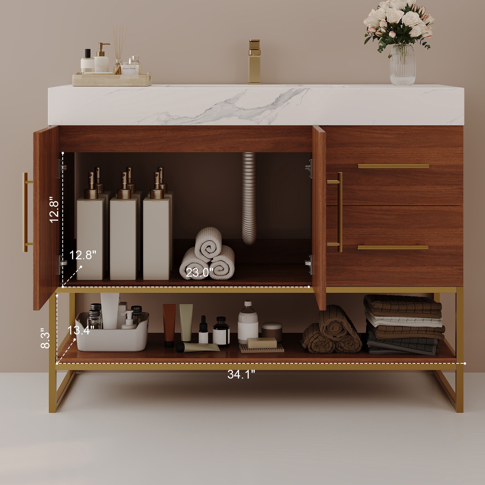 36' Modern Free-Standing Bathroom Vanity with Seamless Ceramic Sink & Sintere...