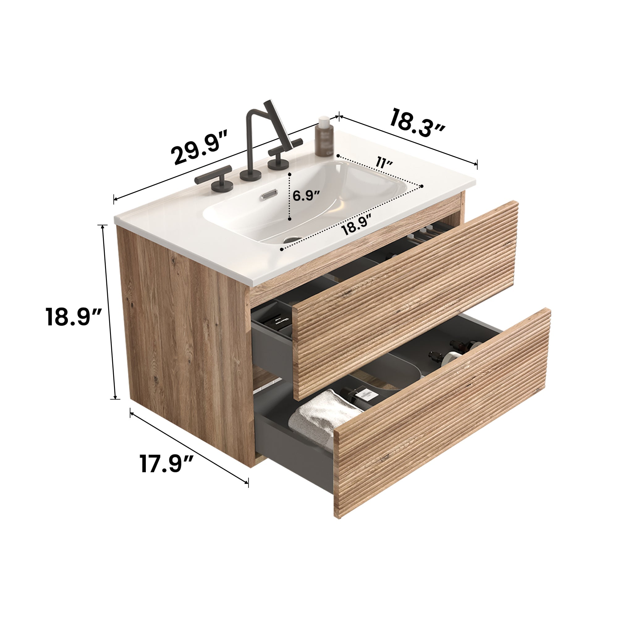 30' Wall Mounted Rough Oak&Rough Oak Bathroom Vanity with Integrated Ceramic ...
