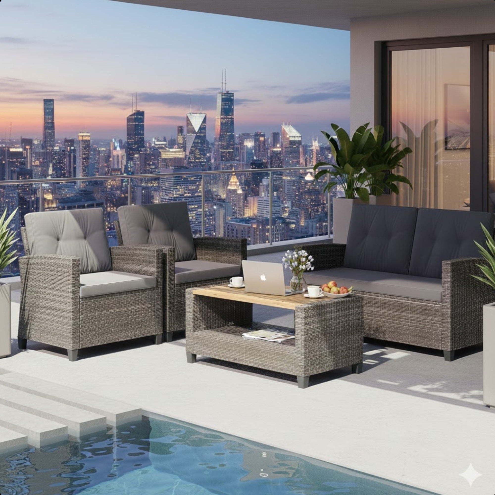 Outdoor Patio Set PE Rattan Gray 4 Piece Loveseat Chairs Acacia Table