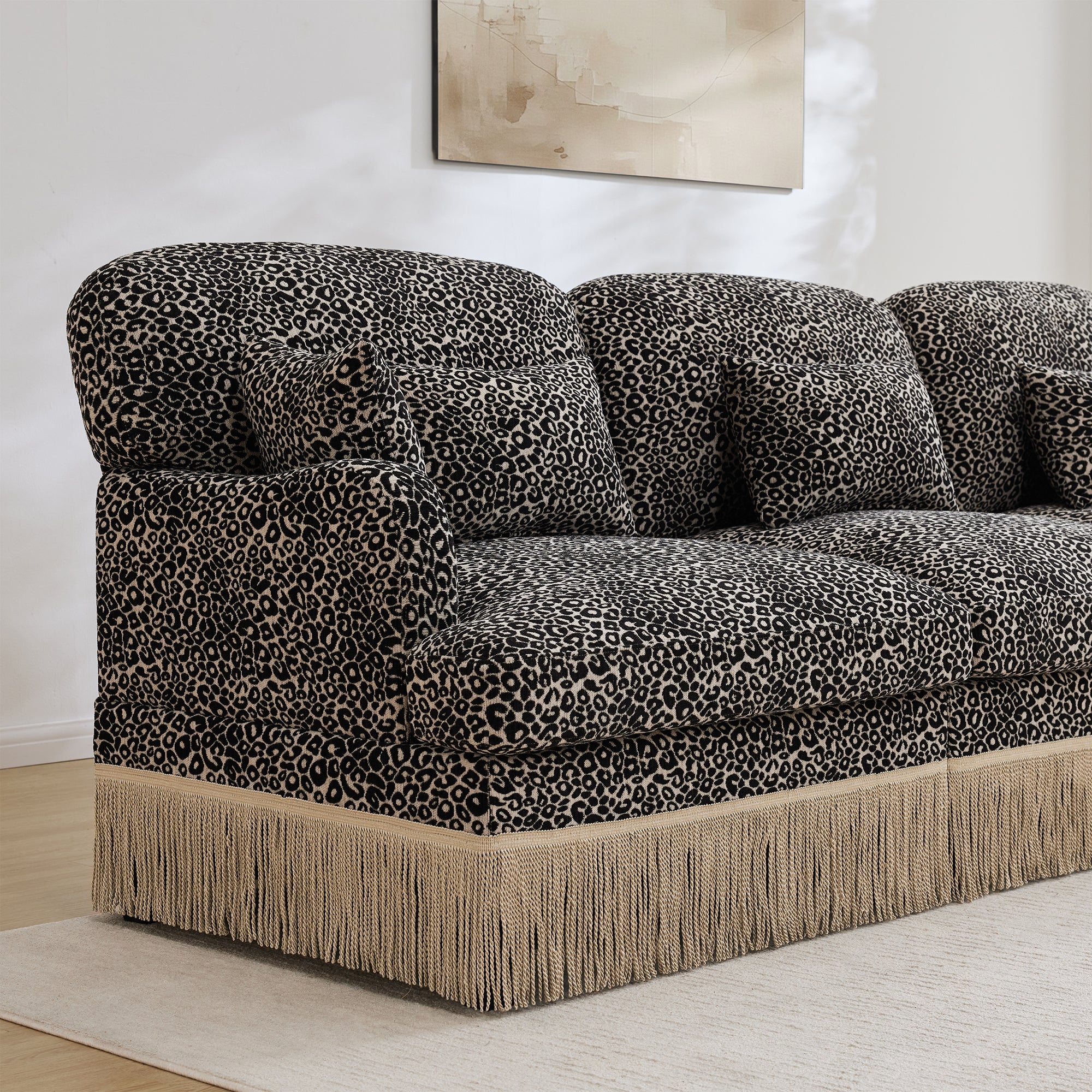Sectional Sofa Modular Chenille Leopard Print Khaki 4 Seat Deep Seat