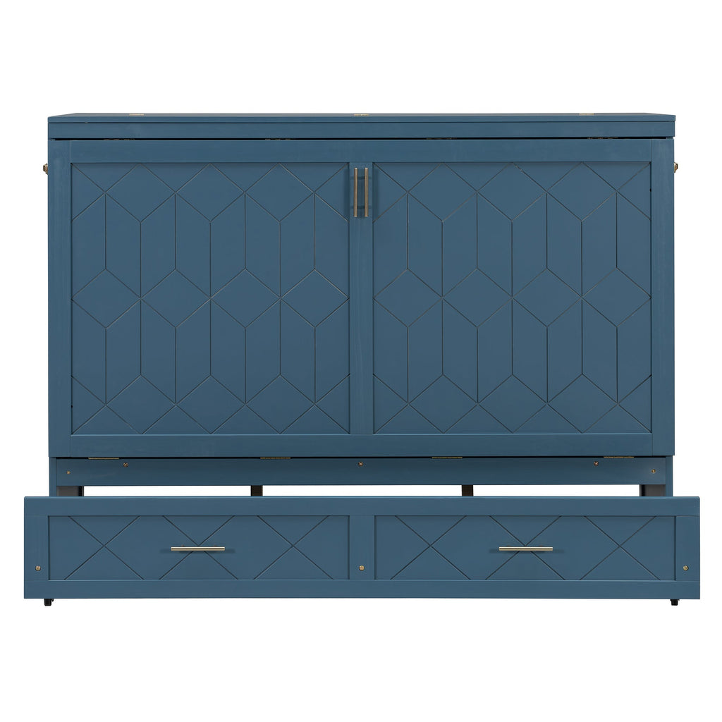 Queen Size Murphy Bed Wall Bed with Drawer and Sockets and USB Ports, Navy Blue