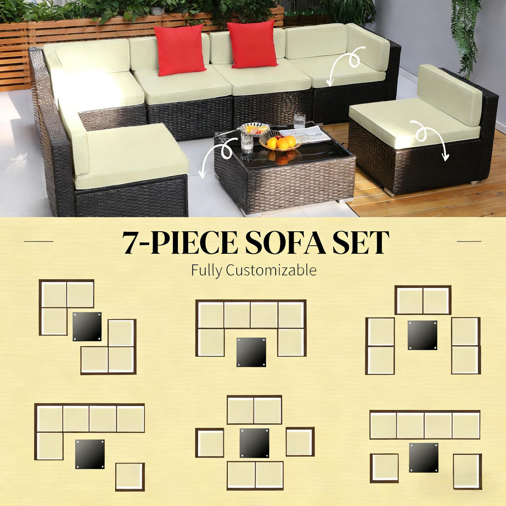 7 Piece Outdoor Sectional Set PE Rattan Beige Cushion