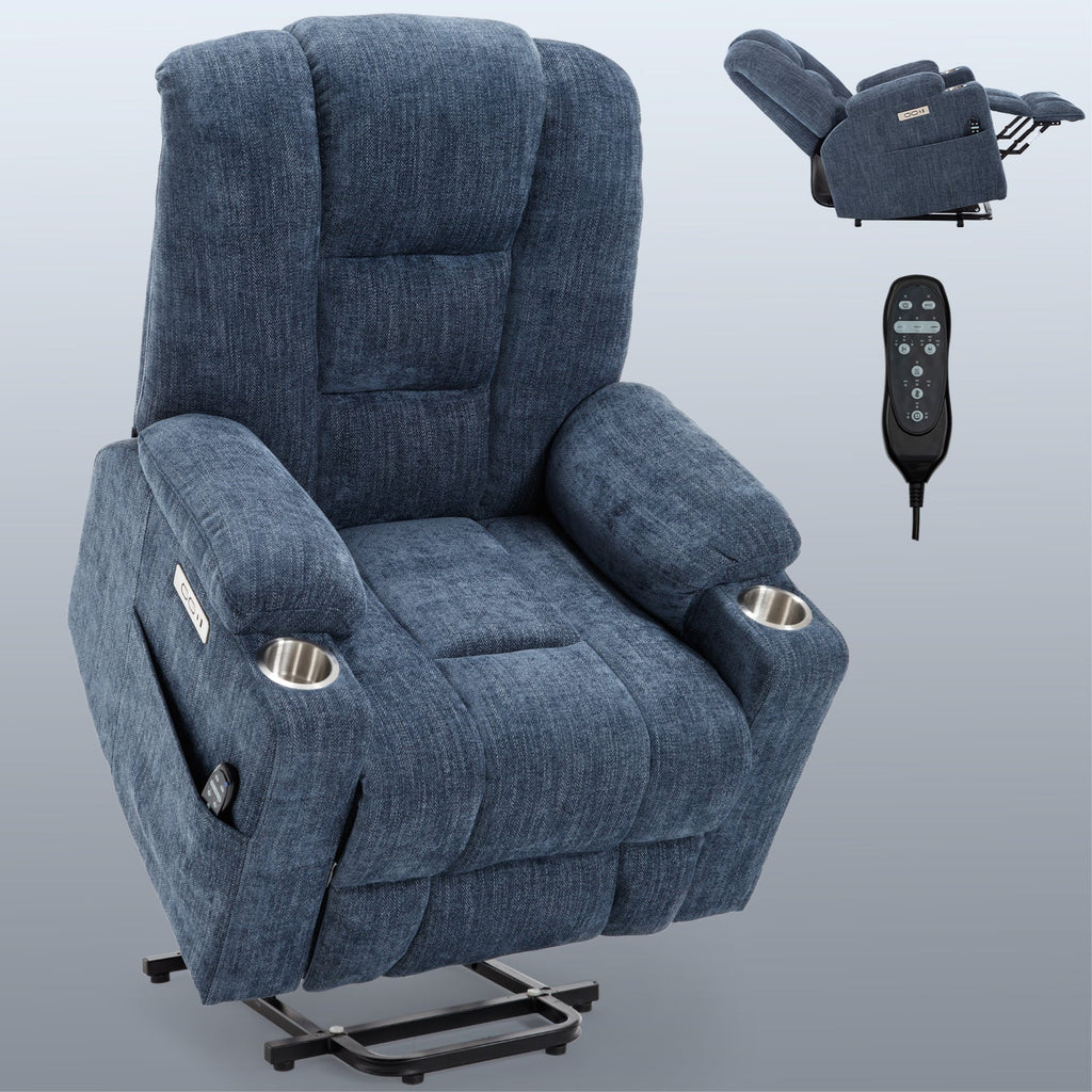 Lift Recliner Chair Power Chenille Blue Heat Massage USB Cup Holders 350 LB