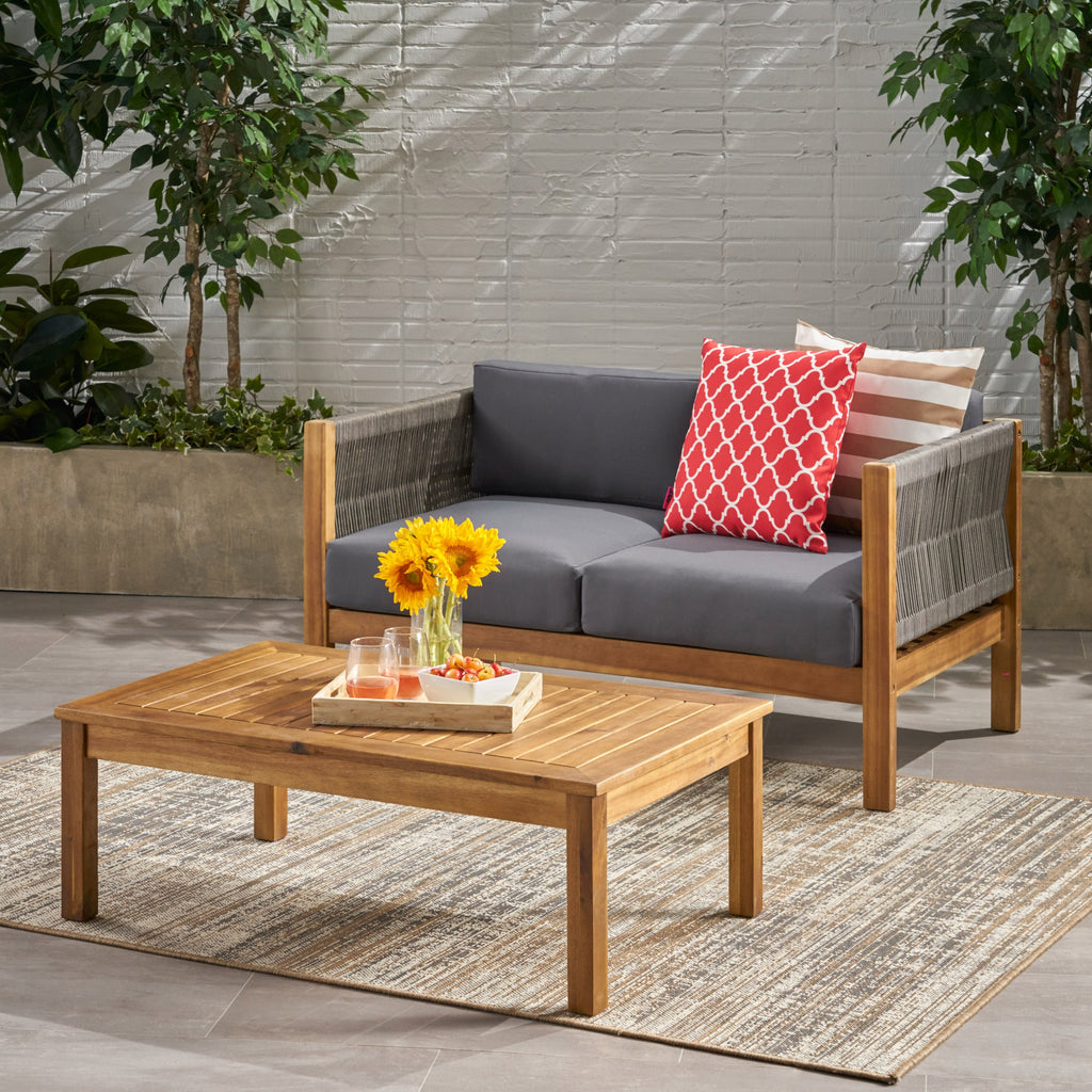 Outdoor Loveseat Set Acacia Wood Rattan Rope Teak Cushion 2 Piece
