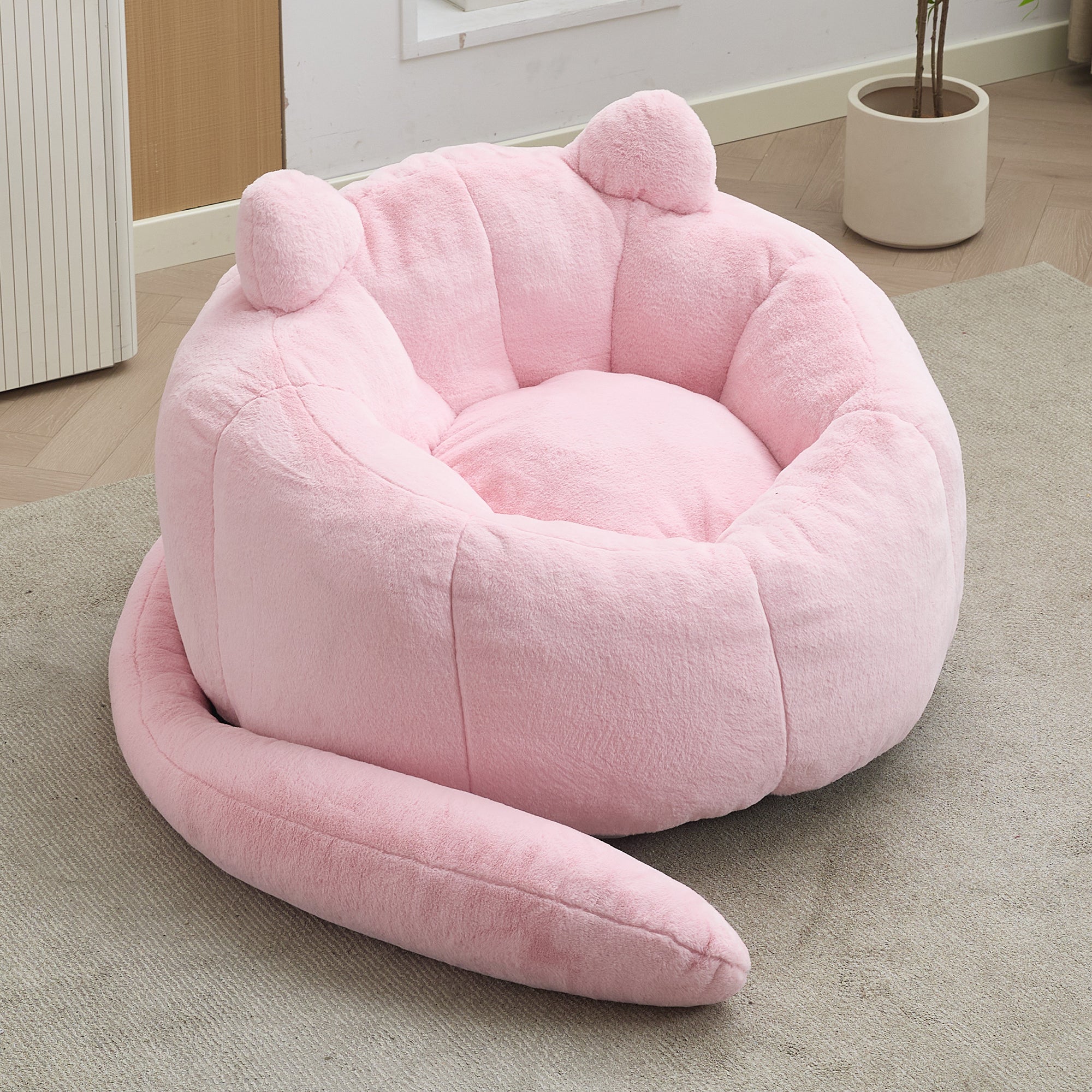 Pink Cat-shaped Adult Bean Bag Sofa with High-Density Foam, Faux Fur Upholstery