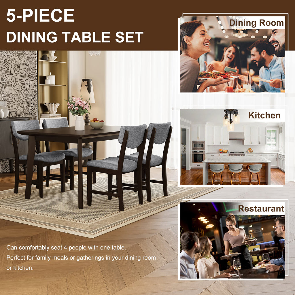 Rustic 5-Piece Dining Set - 1 Solid Wood Table + 4 Upholstered Chairs,