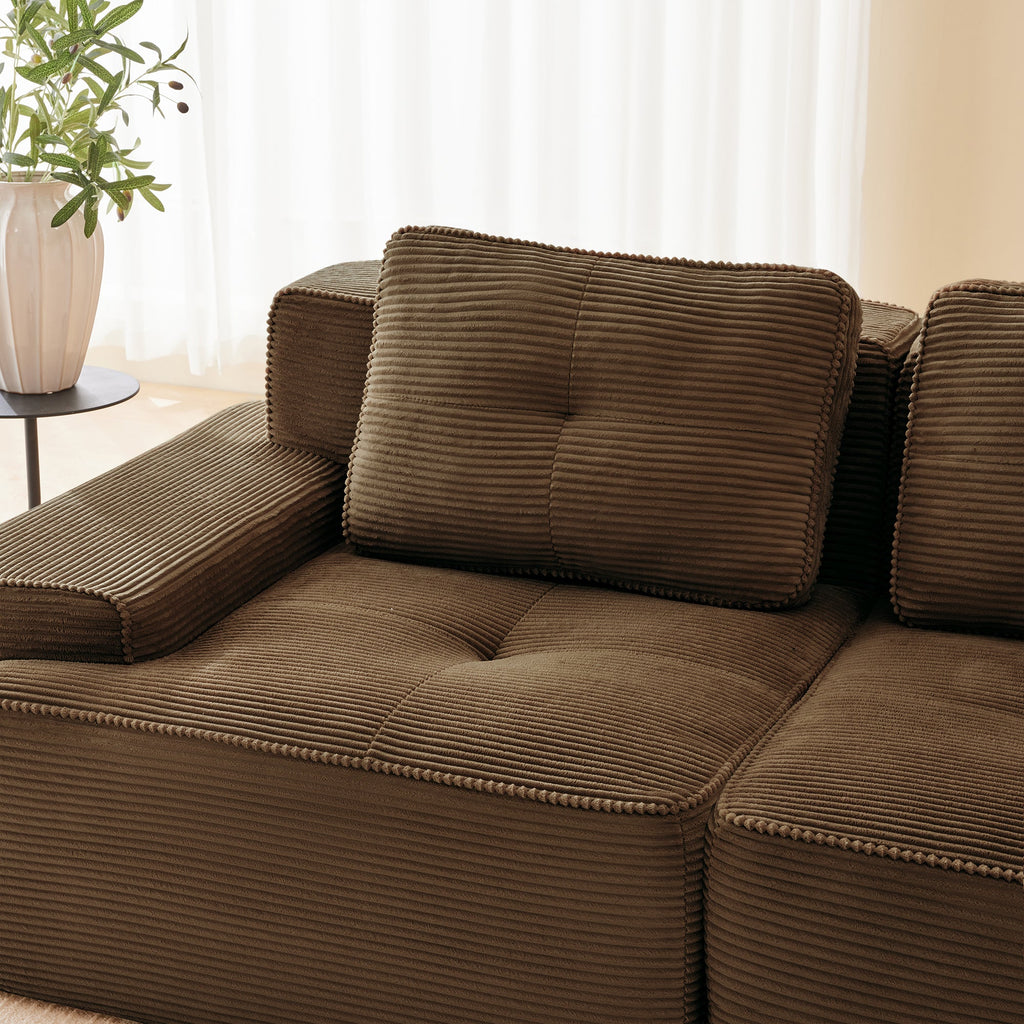 Sectional loveseat L-Shape Corduroy Brown 2 Seat Modular with Ottoman 82 In