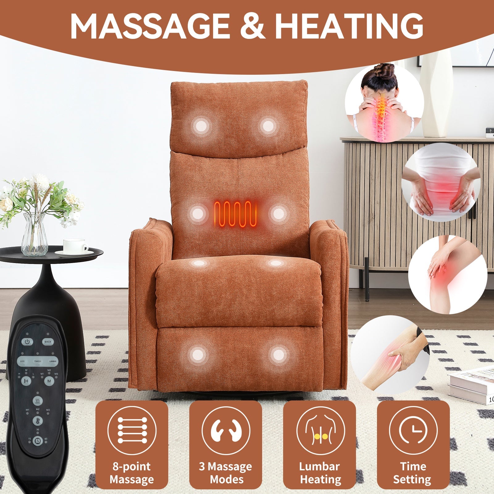 Recliner Chair Swivel Rocker Polyester Orange 360 Degree Heat Massage 155