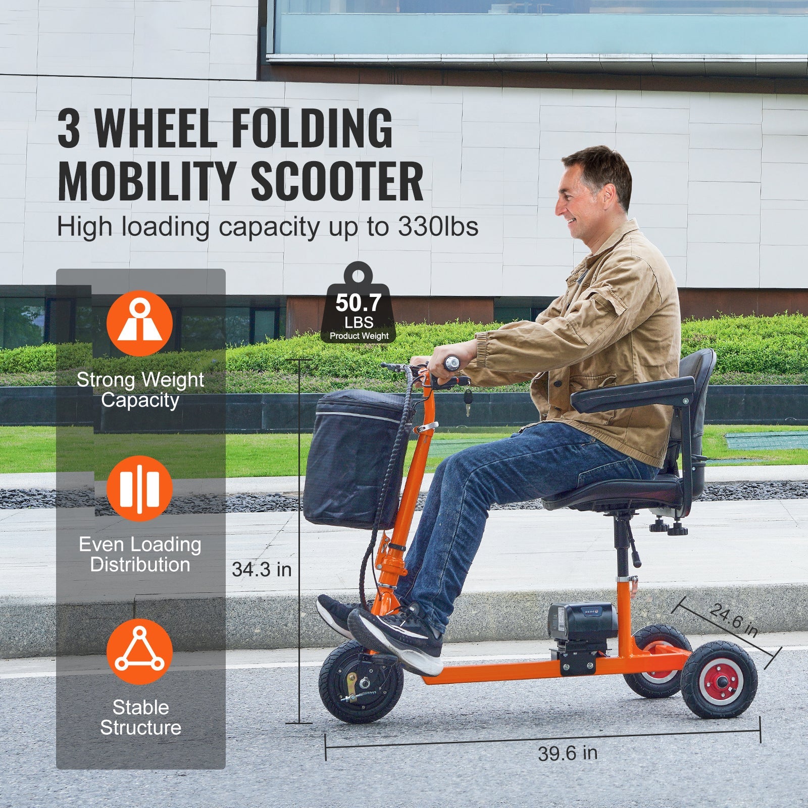 Mobility Scooter 3-Wheel Foldable Iron Orange 300 LB 12 Mile Range