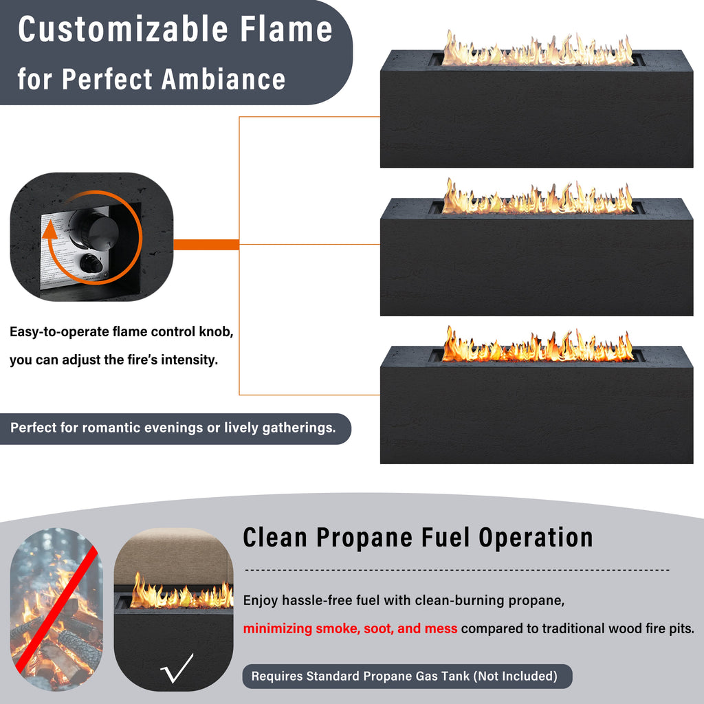 Rectangular Propane Fire Pit 40000 BTU 41.9" Black Gray MGO