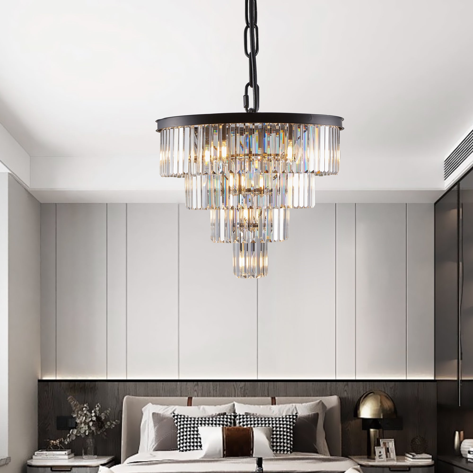 Chandelier Crystal 4-Tier Black 24 In Modern Living Dining Room
