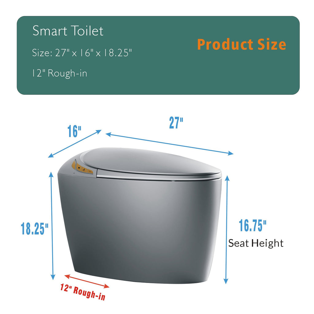 Smart Toilet One-Piece Gray Bidet Auto Lid Heated Seat Night Light 1.28 GPF