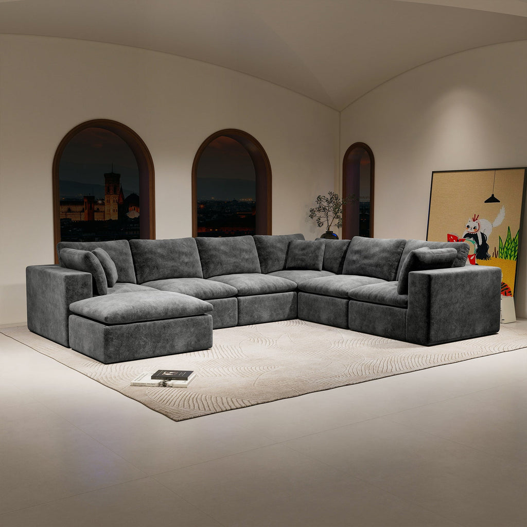 Sectional Sofa L-Shape Corner Corduroy Gray 7 Seat Chaise No Assembly