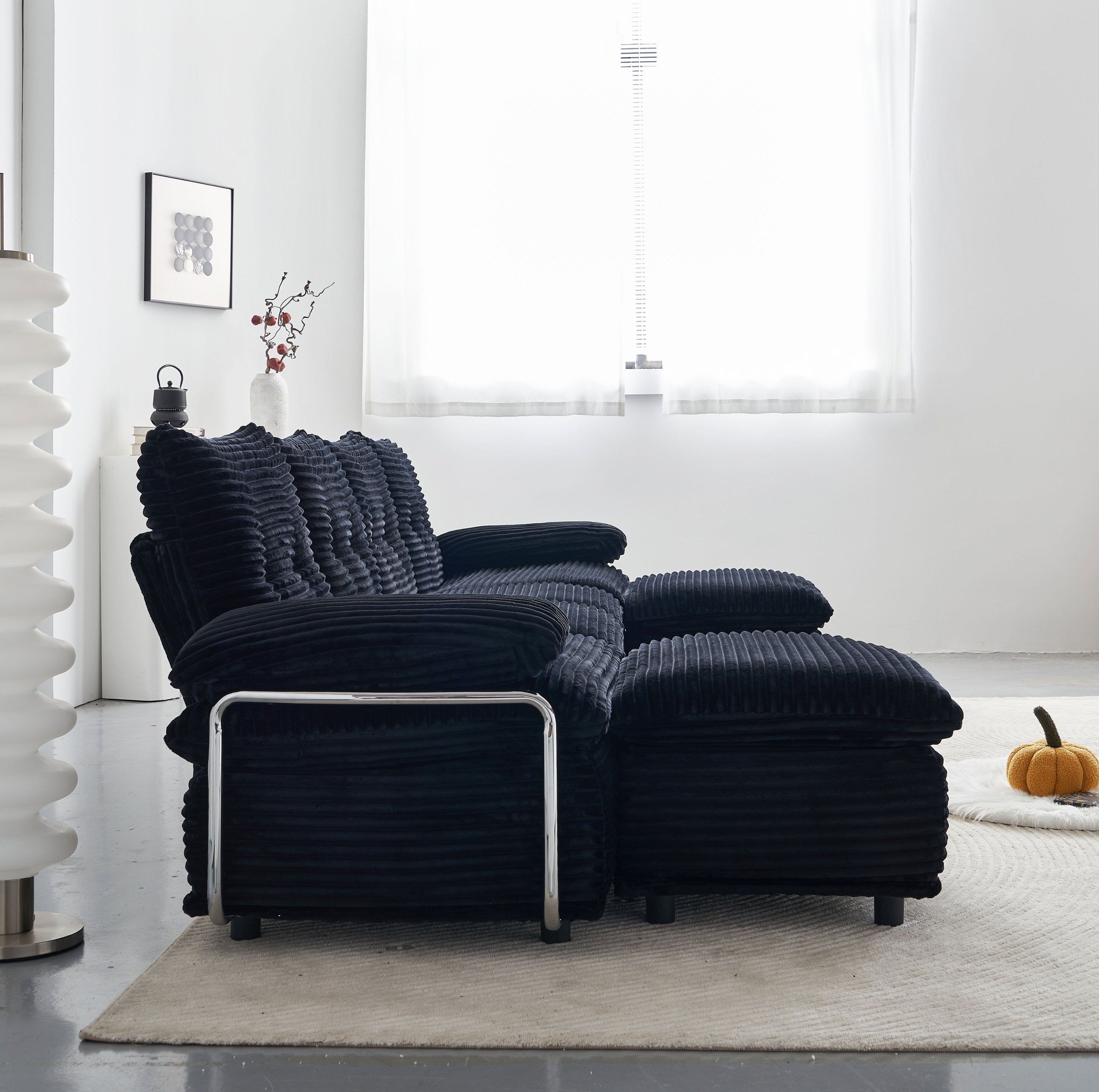 Sectional Sofa U-Shape Modular Corduroy Black 6-Seat with 2 Ottomans 140.94 In