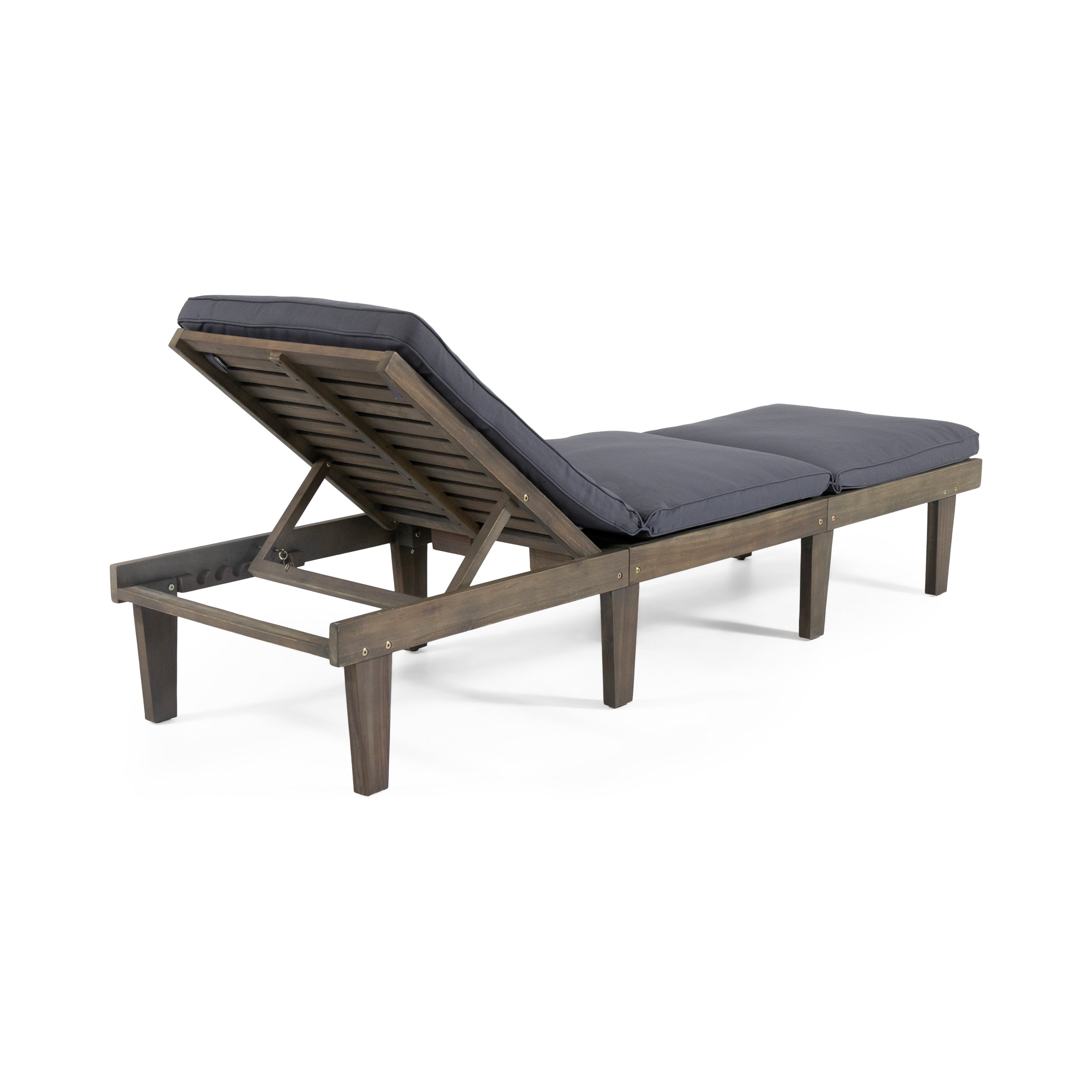 Outdoor Chaise Lounge Acacia Wood Gray Full-Length Cushion 78.75x24x30.5 In