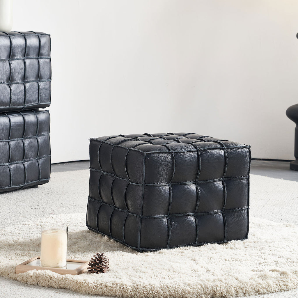 17.32'' Quality Leather Tufted Ottoman Footstool for Living Room, Black