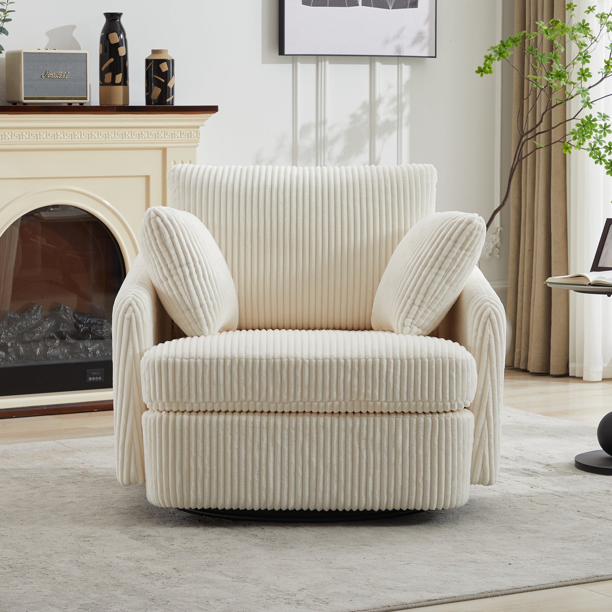 Accent Chair Swivel Round Oversized Corduroy Ivory 360 Degree 3 Pillows 40 In