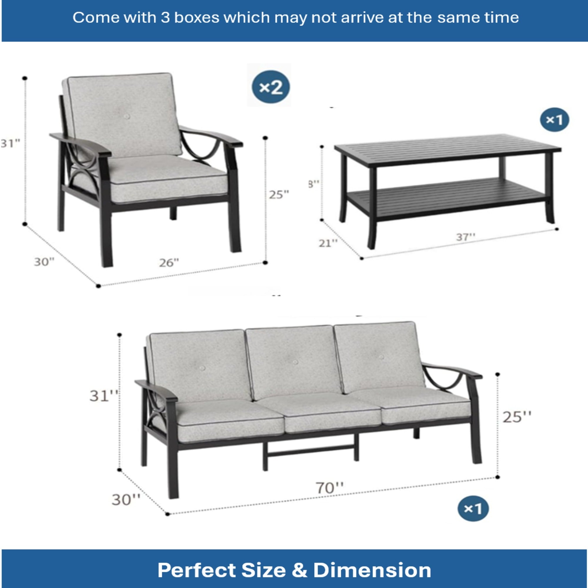 Outdoor Patio Set Metal Black Gray Cushion 4 Piece Seats 5