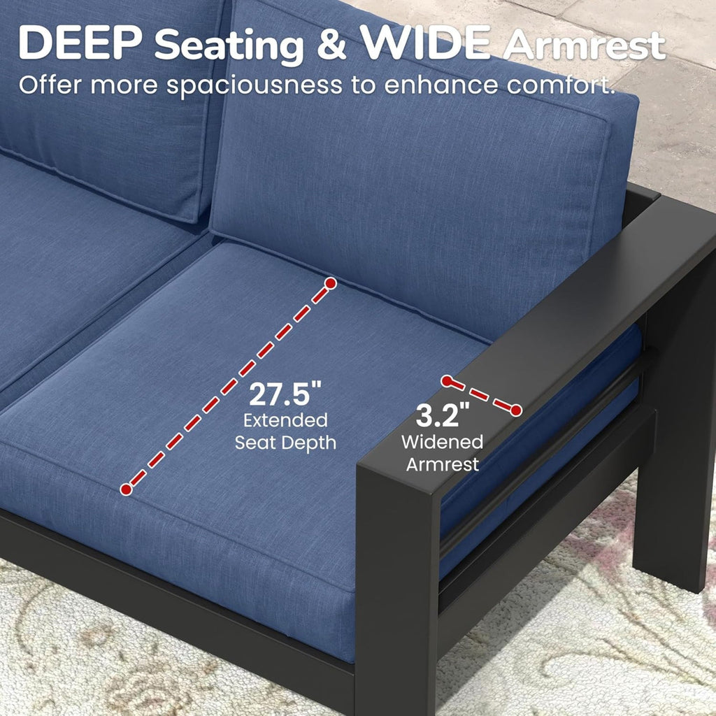 Outdoor Aluminum Sofa 3 Seat 74" Blue Cushions