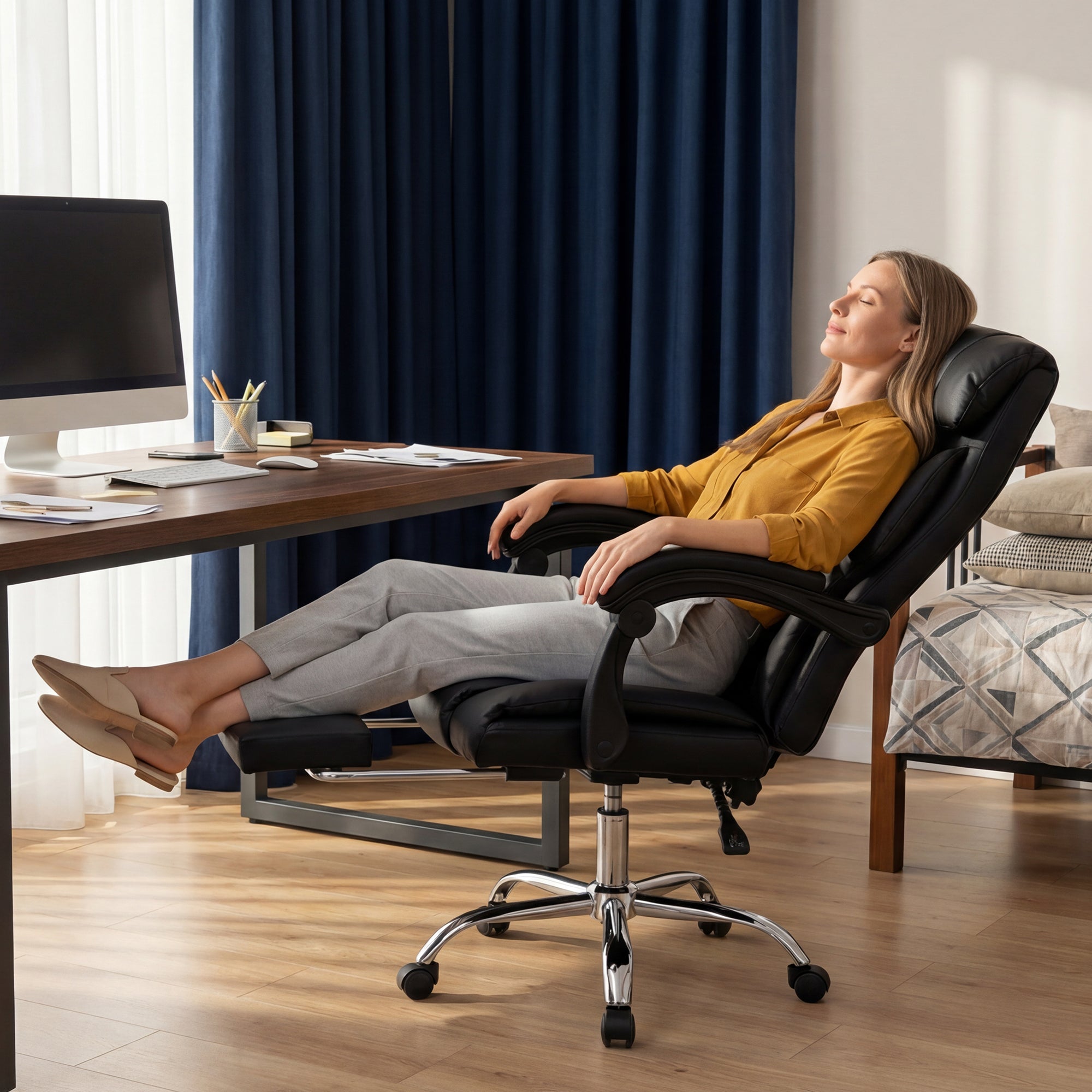 Executive Office Chair with Foot Rest, Adjustable Height High Back Reclining ...