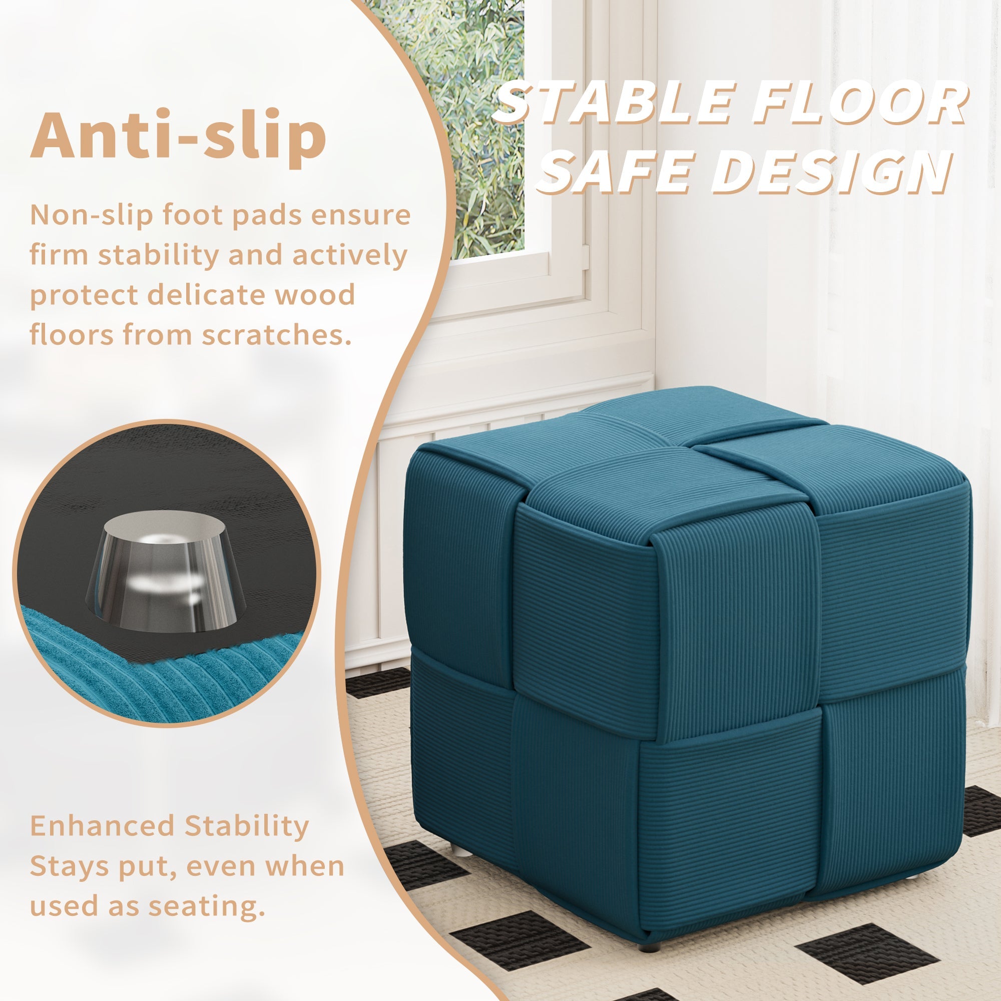 Square Corduroy Ottoman Foot Rest with Soft Comfort and Sturdy Design in Blue,
