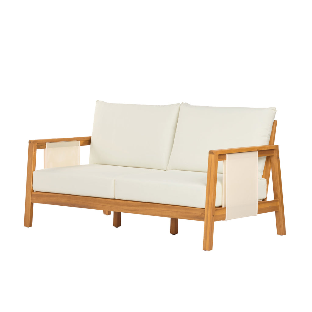 Outdoor Sofa Set Acacia Wood Teak Textilene Beige Cushion 2 Piece