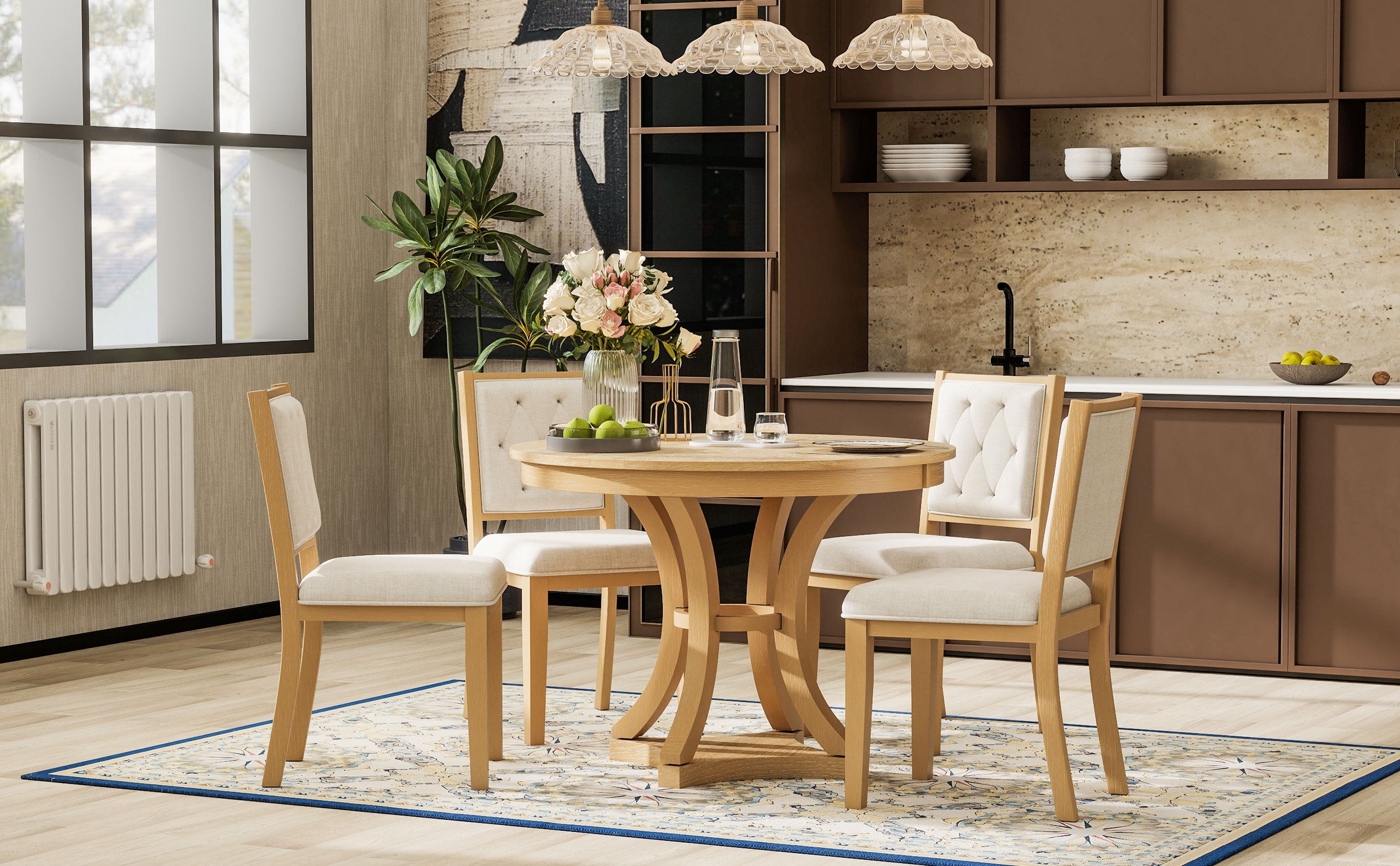 5-Piece Retro Functional Dining Table Set Extendable Round Table and 4