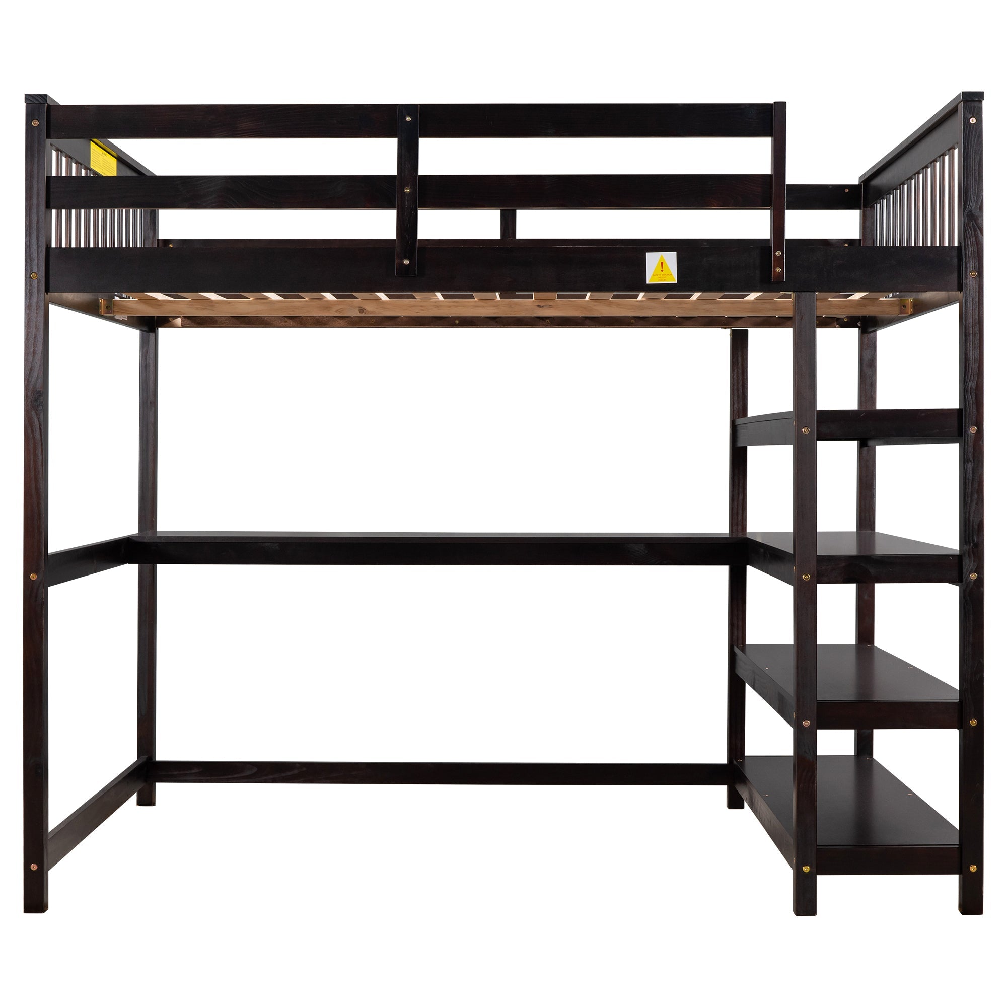 Espresso Full Size Loft Bed with Storage Shelves and Under-bed Desk, Solid Pi...