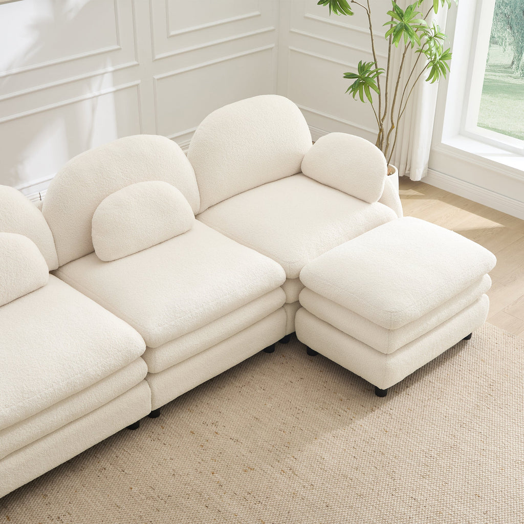 Sectional Sofa Modular Cloud Teddy Beige White 4 Seat Ottoman